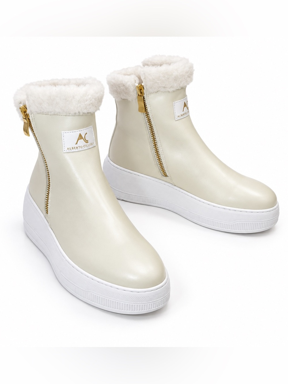 Alberto Ciccioli Women’s Cream and White Merino Fur Platform Ankle Boots